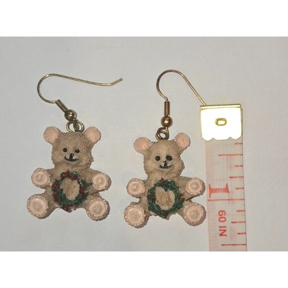 Teddy Bear Christmas Dangle Earrings With Wreath Design Lightweight - Picture 4 of 4